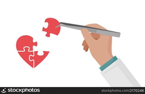 A man makes a heart puzzle with tweezers. The hand holds the puzzle piece.. A man makes a heart puzzle with tweezers.