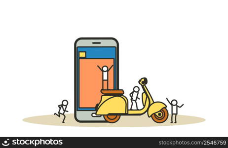 A man on a scooter uses a navigator on his phone to get to his destination vector illustration