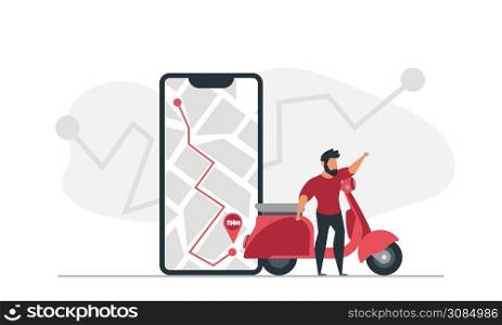 A man on a scooter uses a navigator on his phone to get to his destination vector illustration