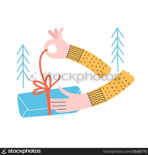 A man opens a Christmas gift. Vector funny illustration, concise Christmas card.. A man opens a Christmas gift. Vector funny illustration.