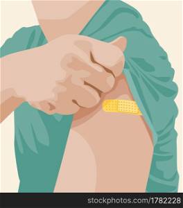 A man opens a shirt to vaccinate against contagious diseases, campaign concept for everyone to vaccinate against COVID-19, Vector illustration and flat design.