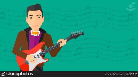 A man playing electric guitar on a light green background with music notes vector flat design illustration. Horizontal layout.. Musician playing electric guitar.