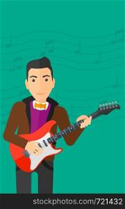 A man playing electric guitar on a light green background with music notes vector flat design illustration. Vertical layout.. Musician playing electric guitar.