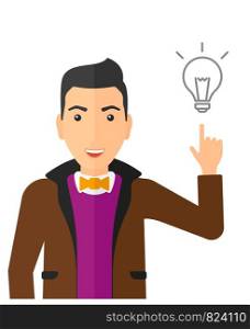 A man pointing a finger at the light bulb vector flat design illustration isolated on white background. Vertical layout.. Man pointing at light bulb.