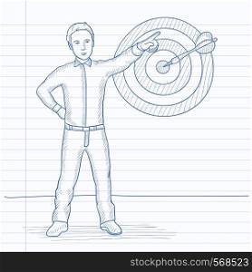 A man pointing at arrow in a target board. Hand drawn vector sketch illustration. Notebook paper in line background.. Achievement of business goal.