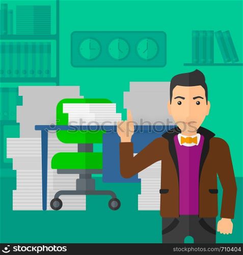 A man pointing up with his forefinger on the background of office workspace with many files on the table vector flat design illustration. Square layout.. Businessman pointing up with his forefinger.