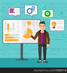 A man presenting his report through infographics on a board on a blue background with business icons vector flat design illustration. Square layout.. Man presenting report.