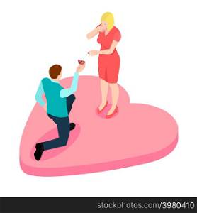A man proposing to the girl standing on knee, isometric. A happy couple are going to be husband and wife.