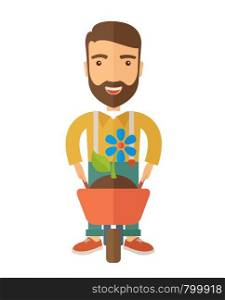 A man pushing a wheelbarrow carries a plant with flower. A Contemporary style. Vector flat design illustration isolated white background. Vertical layout.. Man with wheelbarrow.