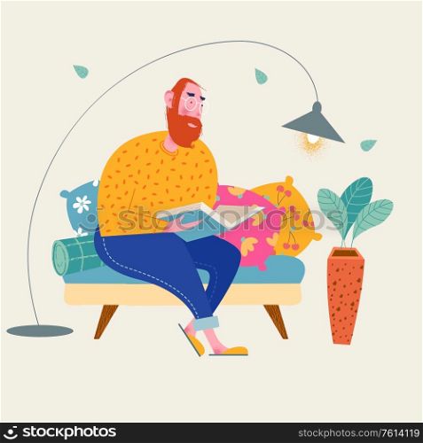 A man reads a book sitting on the sofa. Vector illustration.. A man reads a book. Vector illustration.