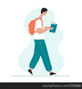 A man reads a book while walking. The concept of love for books and reading, learning, exam preparation. Flat vector character.