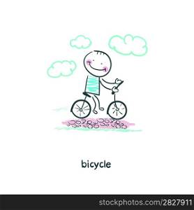 A man rides a bicycle. Illustration.