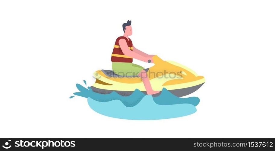 A man rides a jet ski. Illustration in warm yellow-red colors of the joy of relaxation, water extreme. Made in a modern color flat style. Symbol of high-speed sea adventure, travel.. A man rides a jet ski. Illustration in warm yellow-red colors