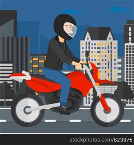 A man riding a motorcycle on the background of night city vector flat design illustration. Square layout.. Man riding motorcycle.
