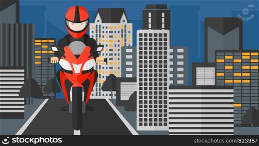 A man riding a motorcycle on the background of night city vector flat design illustration. Horizontal layout.. Man riding motorcycle.