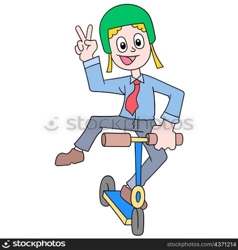 a man riding a toy scooter with a happy face