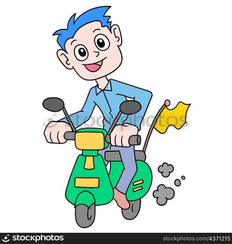 a man riding a vespa motorbike with a happy face