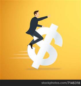a man riding dollar icon vector. business concept illustration. way to success.