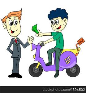 a man selling motorbikes. cartoon illustration cute sticker