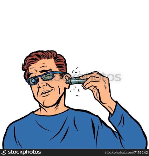 a man shaves hair in his ear. Comic cartoon pop art retro illustration drawing. a man shaves hair in his ear