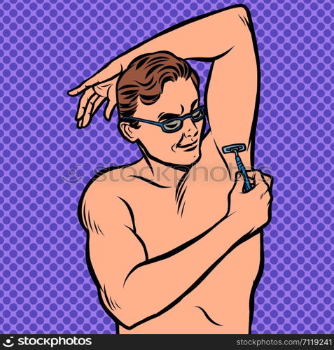 a man shaves his armpit with a razor. Comic cartoon pop art retro illustration drawing. a man shaves his armpit with a razor