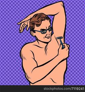 a man shaves his armpit with a razor. Comic cartoon pop art retro illustration drawing. a man shaves his armpit with a razor