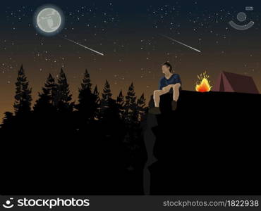 A man sits on a cliff looking at the moon. He camps in a pine forest with a blue sky and stars in the background.