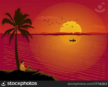 A man sits on the sand leaning against a coconut tree looking at the sea at sunset with the sunset in the background.