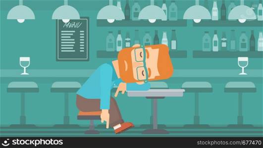 A man sleeping at the bar at the table vector flat design illustration. Horizontal layout.. Man sleeping in bar.