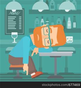 A man sleeping at the bar at the table vector flat design illustration. Square layout.. Man sleeping in bar.