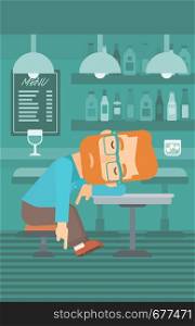 A man sleeping at the bar at the table vector flat design illustration. Vertical layout.. Man sleeping in bar.
