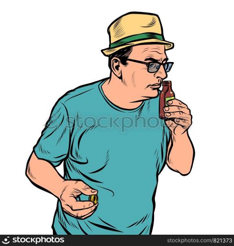 a man sniffs a bottle. perfume or medicine. Pop art retro vector illustration drawing. a man sniffs a bottle. perfume or medicine