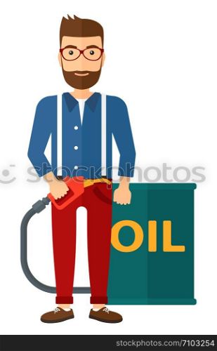 A man standing beside the oil can and holding filling nozzle vector flat design illustration isolated on white background. Vertical layout.. Man with oil can and filling nozzle.