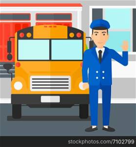 A man standing in front of yellow bus on the background of the school building vector flat design illustration. Square layout.. School bus driver.
