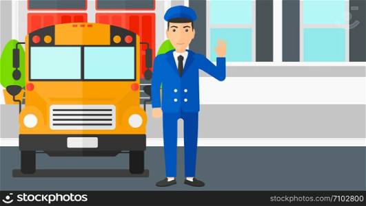 A man standing in front of yellow bus on the background of the school building vector flat design illustration. Horizontal layout.. School bus driver.