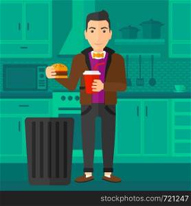 A man standing in the kitchen and putting junk food into a trash bin vector flat design illustration. Square layout.. Man throwing junk food.