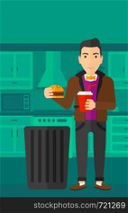 A man standing in the kitchen and putting junk food into a trash bin vector flat design illustration. Vertical layout.. Man throwing junk food.