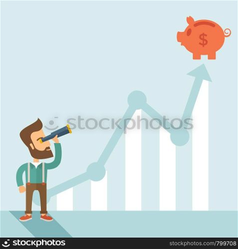 A man standing using telescope to see the graph and piggy bank is on the top of the arrow, it is a sign of progress a business sales is going up. Growing business concept. A contemporary style with pastel palette soft blue tinted background. Vector flat design illustration. Square layout. . Business growth