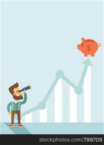 A man standing using telescope to see the graph and piggy bank is on the top of the arrow, it is a sign of progress a business sales is going up. Growing business concept. A contemporary style with pastel palette soft blue tinted background. Vector flat design illustration. Vertical layout with text space on top part. . Business growth
