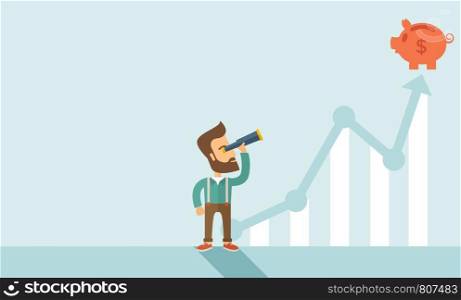 A man standing using telescope to see the graph and piggy bank is on the top of the arrow, it is a sign of progress a business sales is going up. Growing business concept. A contemporary style with pastel palette soft blue tinted background. Vector flat design illustration. Horizontal layout with text space in left side.. Business growth