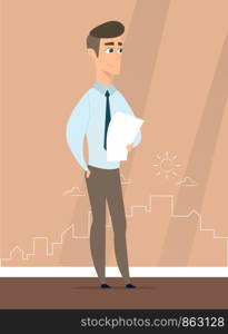 A man stands against the silhouette of the city. Vector illustration of working cartoon characters in coworking studio. The concept of construction, architecture, design