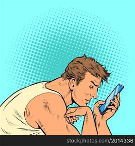 a man surfs in the smartphone in the morning. Businessman daily routine. Pop art retro vector illustration kitsch vintage 50s 60 style. a man surfs in the smartphone in the morning. Businessman daily routine
