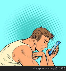 a man surfs in the smartphone in the morning. Businessman daily routine. Pop art retro vector illustration kitsch vintage 50s 60 style. a man surfs in the smartphone in the morning. Businessman daily routine