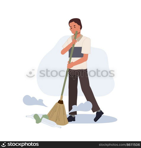 A man sweeping the floor, house husband working at home. vector Illustration