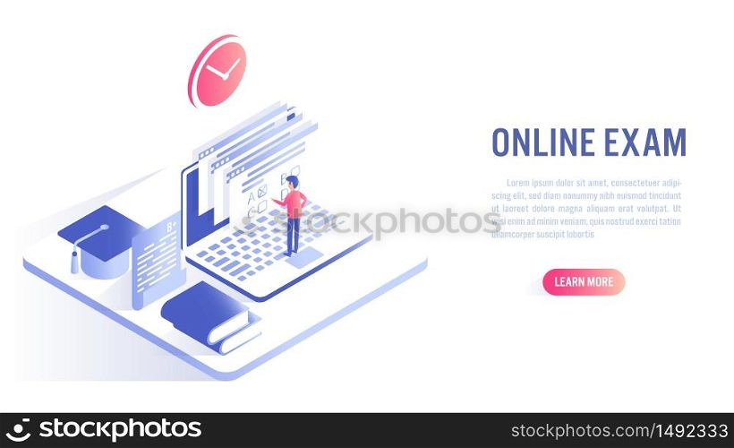 A man take online exam with online education concept. Isometric flat vector design.