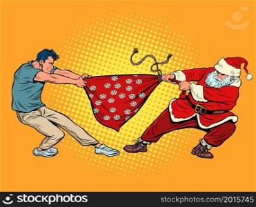A man takes a bag of gifts from Santa Claus. Christmas and New Year winter holidays. Pop Art Retro Vector Illustration 50s 60s Kitsch Vintage Style. A man takes a bag of gifts from Santa Claus. Christmas and New Year winter holidays