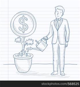 A man taking care of finances watering a money flower. Hand drawn vector sketch illustration. Notebook paper in line background.. Man watering money flower.