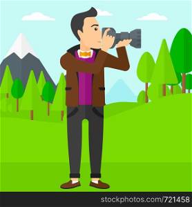 A man taking photo on the background of green forest and mountains vector flat design illustration. Square layout.. Photographer taking photo.