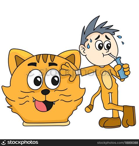 a man thirsty for wearing a lion doll costume. cartoon illustration sticker emoticon