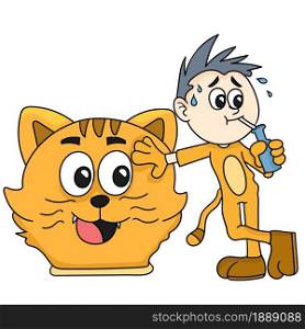 a man thirsty for wearing a lion doll costume. cartoon illustration sticker emoticon